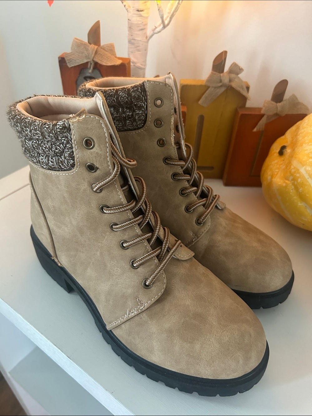 Rue21 Tan Lace-Up Knit Cuff Combat Boots